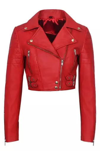 Women's red cropped biker lambskin leather jacket