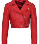 Women's red cropped biker lambskin leather jacket
