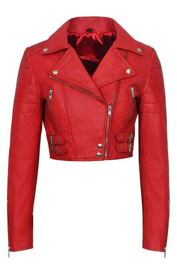 Women's red cropped biker lambskin leather jacket