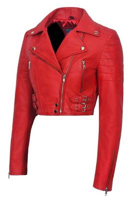 Women's red cropped biker lambskin leather jacket 2