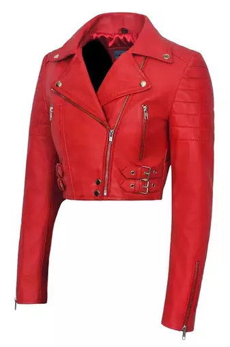 Women's red cropped biker lambskin leather jacket