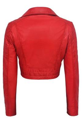 Women's red cropped biker lambskin leather jacket 3