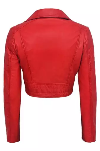 Women's red cropped biker lambskin leather jacket