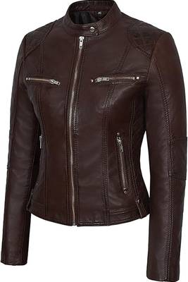 Women's dark brown cafe racer genuine leather jacket 1