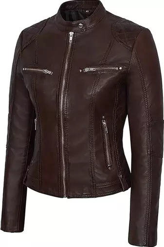 Women's dark brown cafe racer genuine leather jacket