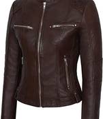 Women's dark brown cafe racer genuine leather jacket