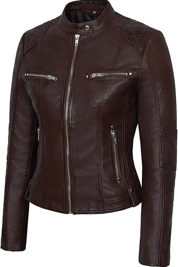 Women's dark brown cafe racer genuine leather jacket