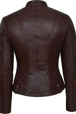 Women's dark brown cafe racer genuine leather jacket 3