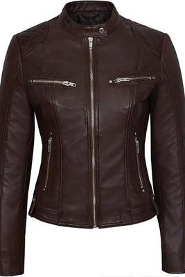 Women's dark brown cafe racer genuine leather jacket 4