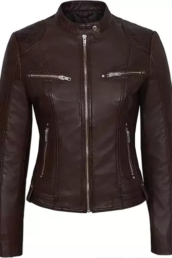 Women's dark brown cafe racer genuine leather jacket