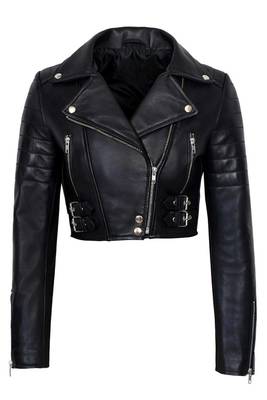 Women's black lambskin cropped moto biker leather jacket 1