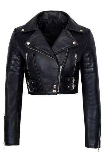 Women's black lambskin cropped moto biker leather jacket