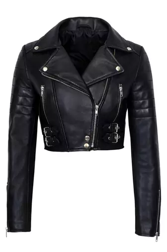 Women's black lambskin cropped moto biker leather jacket