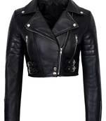 Women's black lambskin cropped moto biker leather jacket