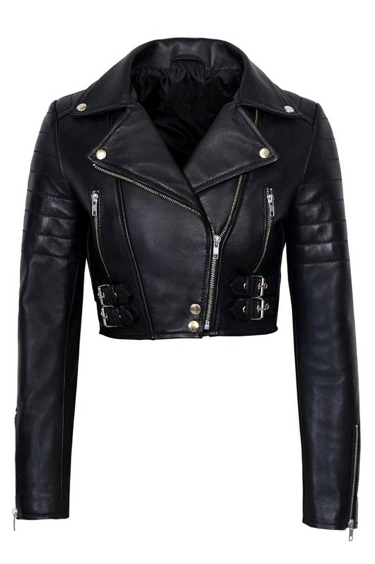 Women's black lambskin cropped moto biker leather jacket