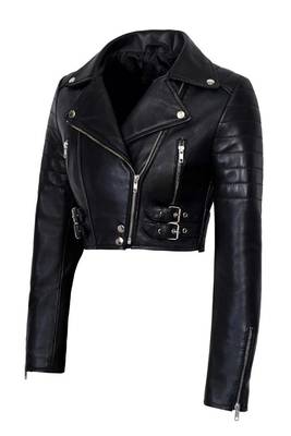 Women's black lambskin cropped moto biker leather jacket 2