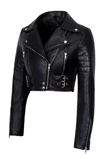 Women's black lambskin cropped moto biker leather jacket