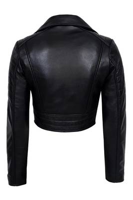 Women's black lambskin cropped moto biker leather jacket 3