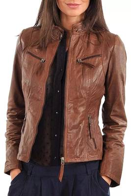 Women's tan brown moto biker genuine leather jacket 1
