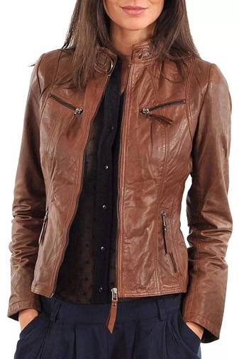 Women's tan brown moto biker genuine leather jacket