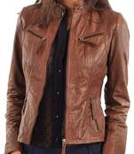 Women's tan brown moto biker genuine leather jacket