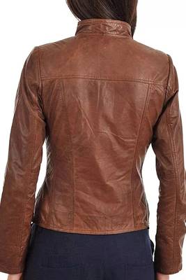 Women's tan brown moto biker genuine leather jacket 2