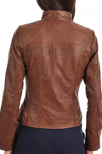 Women's tan brown moto biker genuine leather jacket
