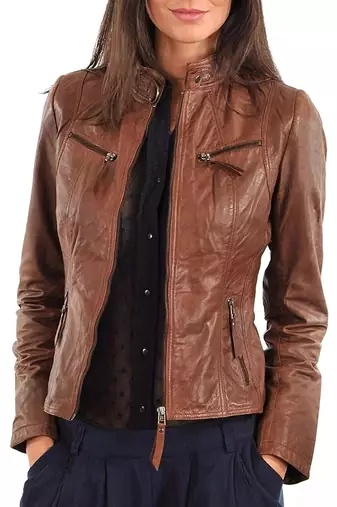 Women's tan brown moto biker genuine leather jacket