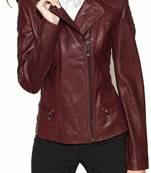 Women's burgundy asymmetrical lambskin leather biker jacket