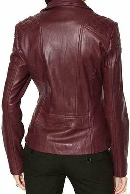 Women's burgundy asymmetrical lambskin leather biker jacket 2