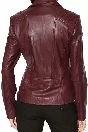 Women's burgundy asymmetrical lambskin leather biker jacket