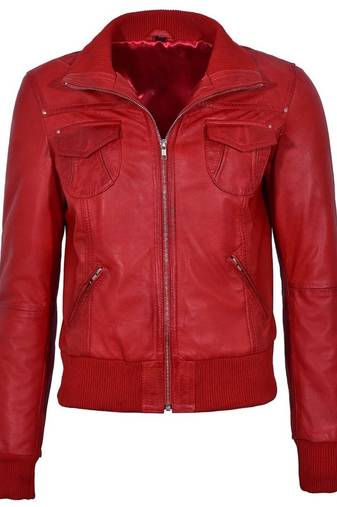 Women's red bomber real lambskin leather biker jacket