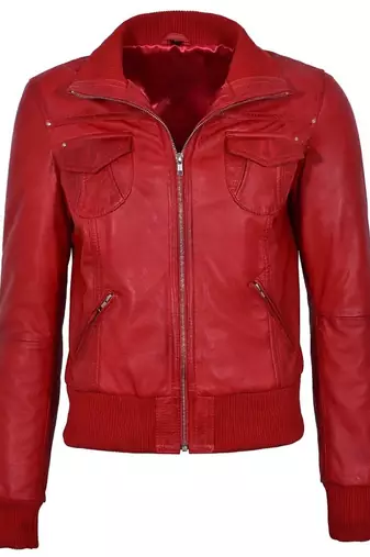 Women's red bomber real lambskin leather biker jacket