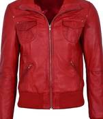Women's red bomber real lambskin leather biker jacket