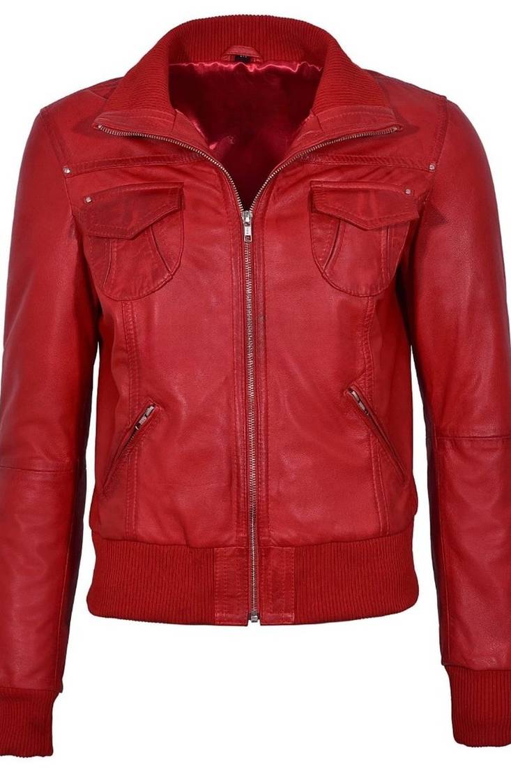 Women's red bomber real lambskin leather biker jacket