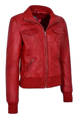 Women's red bomber real lambskin leather biker jacket 2