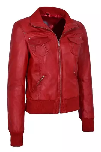 Women's red bomber real lambskin leather biker jacket