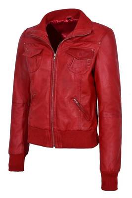 Women's red bomber real lambskin leather biker jacket 3