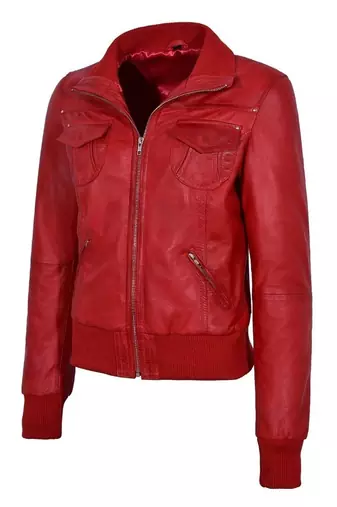 Women's red bomber real lambskin leather biker jacket