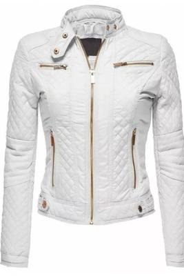 Women's genuine white quilted cafe racer leather jacket 1