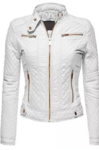 Women's genuine white quilted cafe racer leather jacket