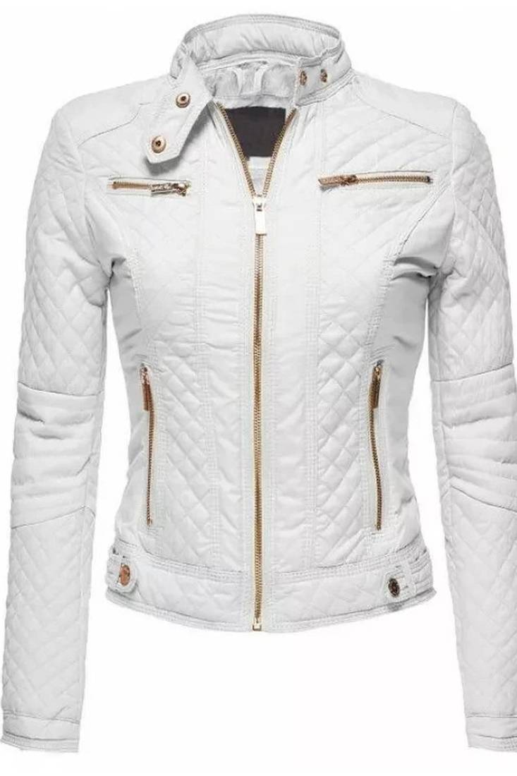 Women's genuine white quilted cafe racer leather jacket