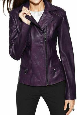 Women's purple asymmetrical lambskin leather biker jacket 1