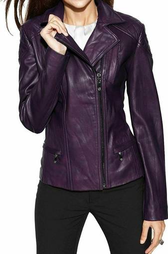 Women's purple asymmetrical lambskin leather biker jacket