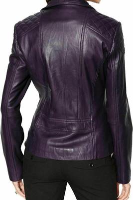 Women's purple asymmetrical lambskin leather biker jacket 2