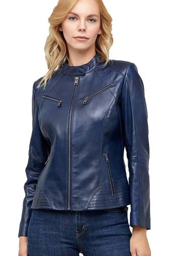Women navy blue cafe racer lambskin leather biker jacket
