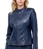 Women navy blue cafe racer lambskin leather biker jacket