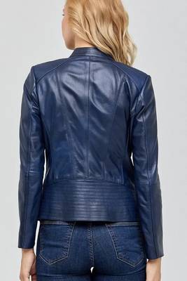 Women navy blue cafe racer lambskin leather biker jacket 2