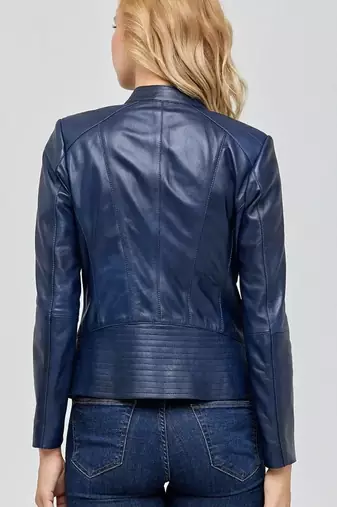 Women navy blue cafe racer lambskin leather biker jacket