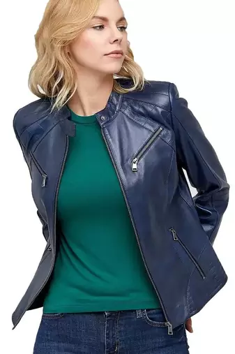 Women navy blue cafe racer lambskin leather biker jacket